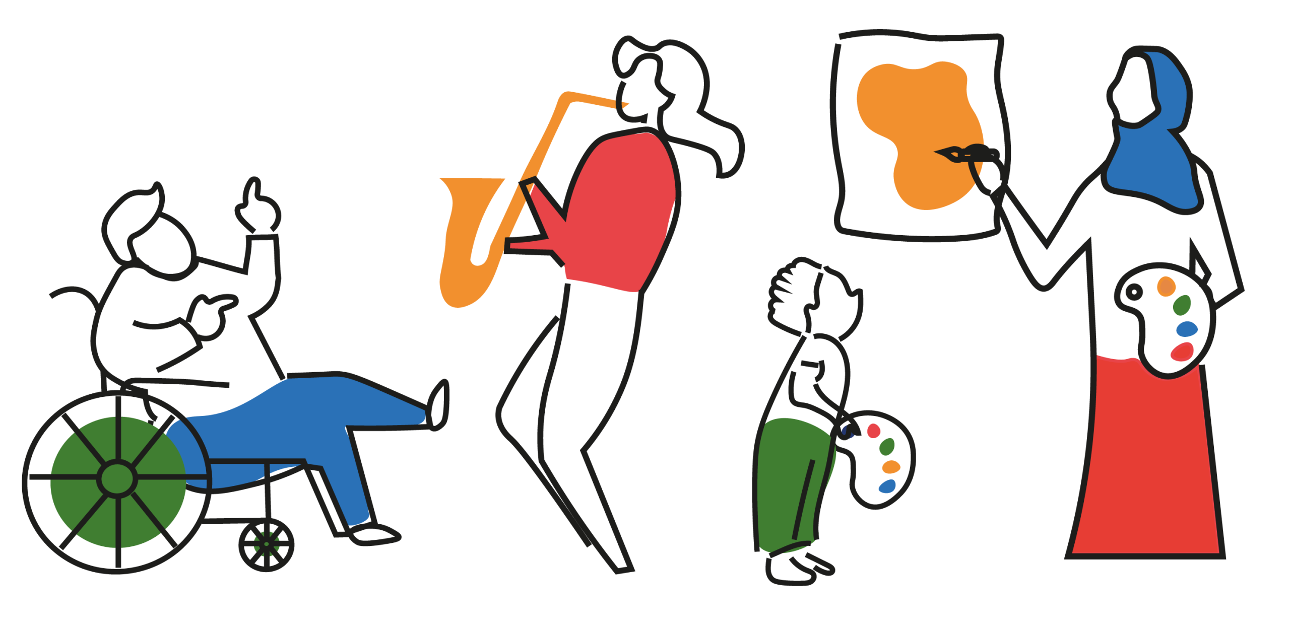 An illustration of a man on a wheelchair dancing, a woman playing the saxophone, a child holding a paint palette and a woman painting