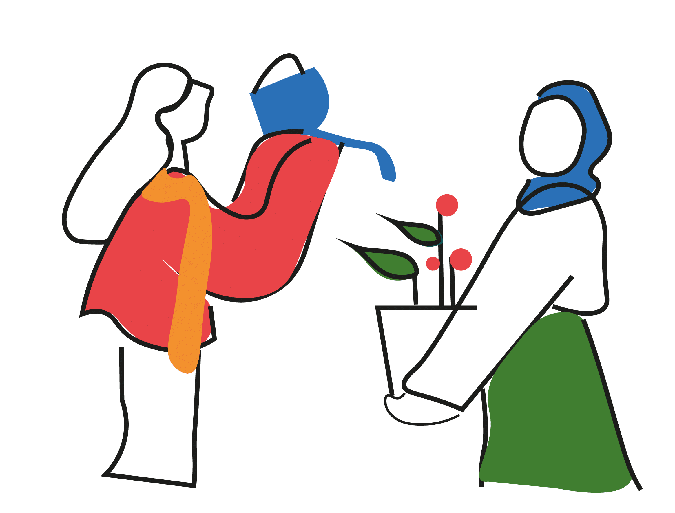 An illustration of a woman pouring water over a plant that another woman is holding