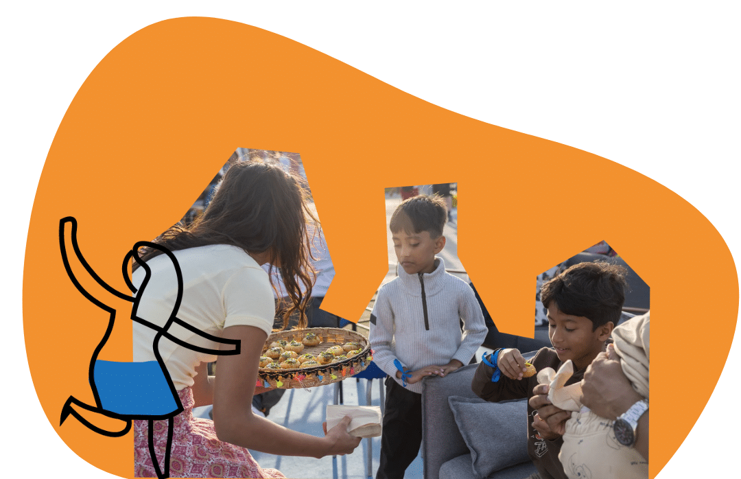 An illustration of a woman pouring water over a plant that another woman is holding