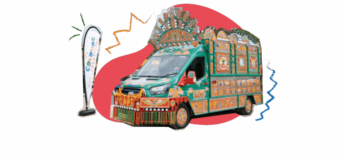 A highly-decorated south Asian truck in bright colours