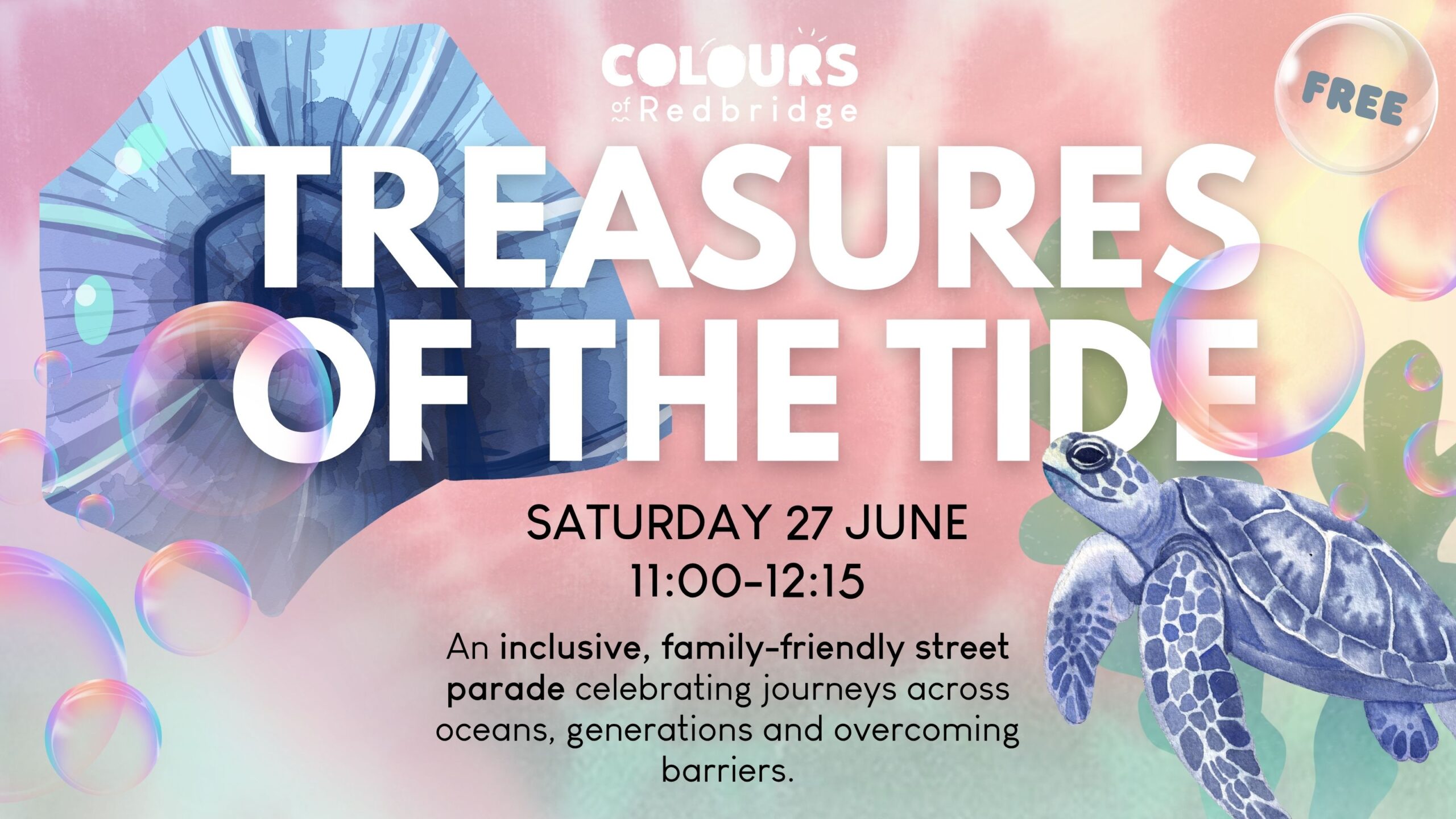 Treasures of the Tide graphic with sea life and a turtle