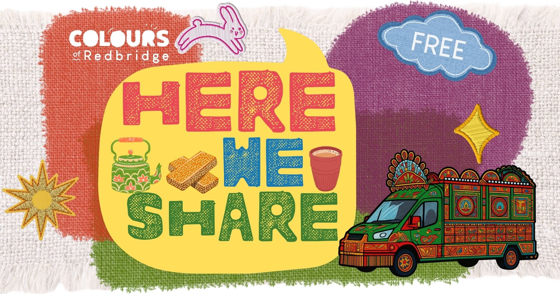 Here We Share graphic featuring a truck art truck and embroidery